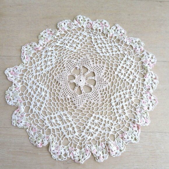 Handmade Crocheted 15 inches Round Doily with Scalloped Edges & Pastel Accents - Picture 2 of 6